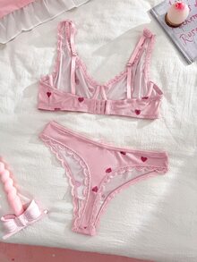 PetitDoll طقم ملابس داخلية فرنسي بطبعة قلب حلو مع دانتيل مرقع وحمالة صدر بسلك معدني وسروال داخلي مثلث - متعدد الألوان - مشاهدة 2