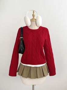 Elamini Sweater Pullover Rajut Bertekstur Merah Wanita, Kerah Bulat, Nuansa Natal, Untuk Perjalanan Sehari-hari, Musim Gugur/Dingin - Merah - View 3