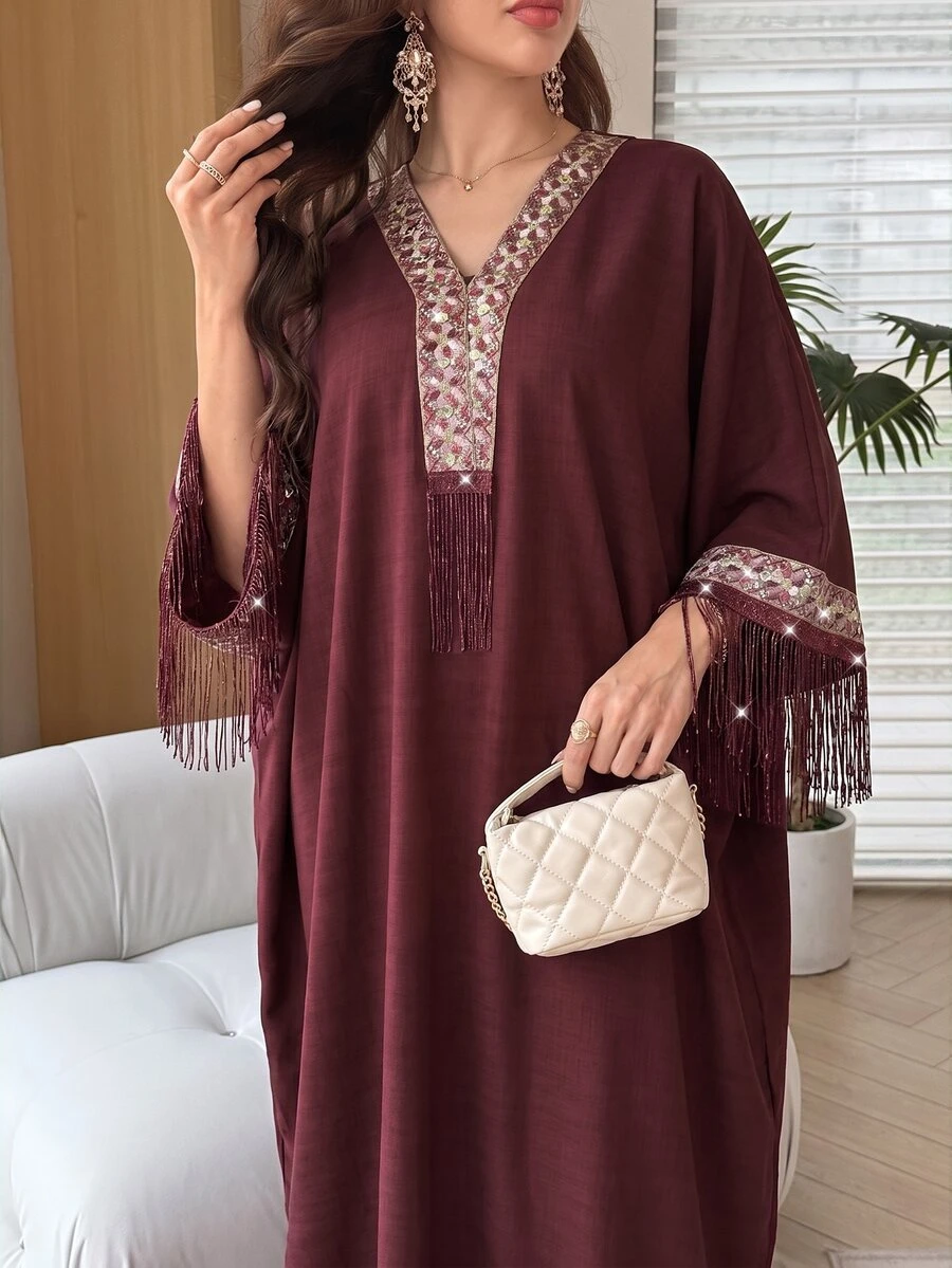 Yasmyna V-Neck Floral Ribbon Sequin Tassel Embellished Light Pink Arabian Dress Wedding Fringe Dress Fall/Winter Christening Guest Formal Modest Elegant - Burgundy - View 1