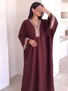 Yasmyna V-Neck Floral Ribbon Sequin Tassel Embellished Light Pink Arabian Dress Wedding Fringe Dress Fall/Winter Christening Guest Formal Modest Elegant - Burgundy - View 6