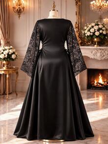 Rometta Plus Size Round Neck Long Satin Dress With Cinched Waist And Lace Sleeve Patchwork - Black - View 2