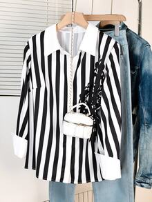 Lacomfia Plus Size Casual Single-Breasted Striped Contrast Color Shirt For Office - Black and White - View 1