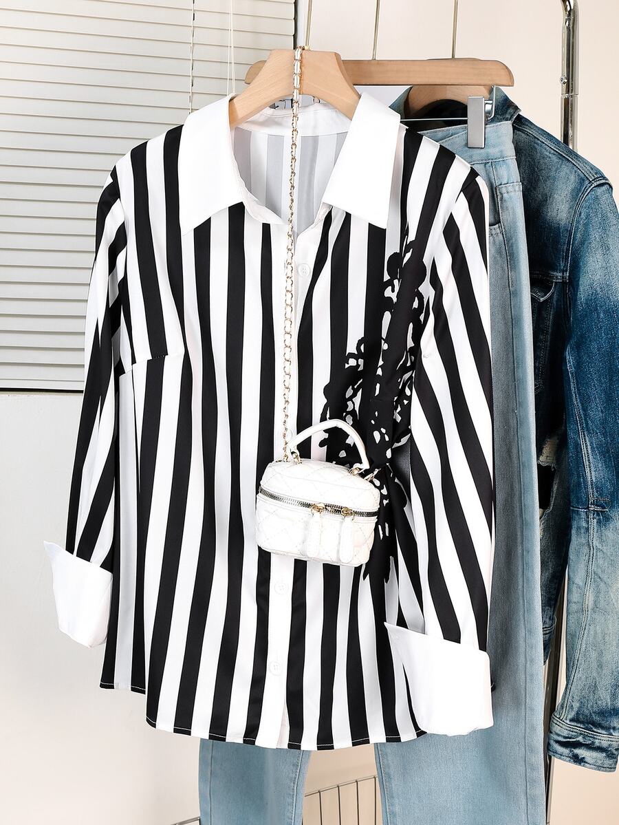 Lacomfia Plus Size Casual Single-Breasted Striped Contrast Color Shirt For Office - Black and White - View 1