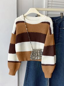 SHEIN 女童圓領套頭毛衣 藍白配色拼色條紋 短版休閒酷感 秋冬校園外出旅行穿搭 - 棕色 - 查看 1