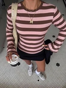 Muchica Brown Striped Casual T-Shirt, Batwing Sleeves, Flared Cuffs, Cinched Waist, Back Tie - Suitable For Spring And Autumn Wear. - Multicolor - View 5