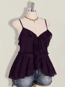 SHEIN ICON 大尺碼女款荷葉邊雪紡純色綁帶細肩帶背心 - 紫色 - 查看 6