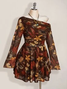 SHEIN ICON 大尺碼 Y2K 楓葉印花網紗長袖洋裝，復古休閒修身連身裙，適合春季與秋季 - 棕色 - 查看 7