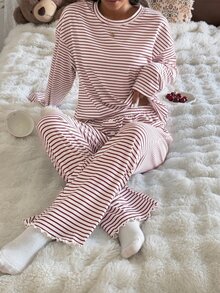 SHEIN Women's Casual Striped Print Round Neck Loose Long Sleeve Long Pants Pajama Set - Burgundy - View 6
