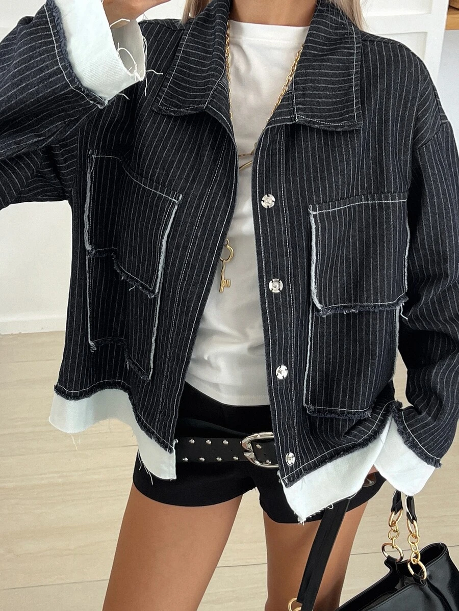 Livesso Women's Striped Casual Versatile Daily Denim Jacket Fall - Black - View 1