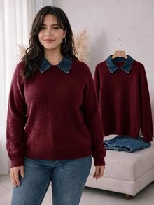 CosyJoli Áo len nữ size lớn phối màu cổ bẻ tay dài phong cách thường ngày cho mùa đông - Đỏ - Xem 3