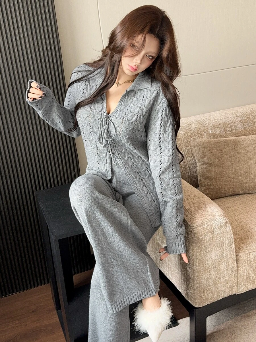 Feyla Women's Solid Color Hollow Out Front Tie Knit Cardigan And Knit Pants Casual Set - Grey - View 1
