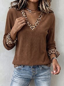 Zayélia Women V Neck Long Sleeve T-Shirt, Leopard Print Patchwork Fake Two Pieces Ribbed Casual Top For Middle Aged - Multicolor - View 5