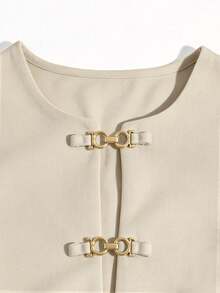 SHEIN Raffinéa Women's Autumn Long Sleeve Metal Decor Khaki Short Dress, Minimalist Elegant French Vintage Style, Suitable For Daily Commute And Outings - Khaki - View 4