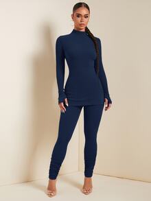SHEIN SXY 秋季女裝 2 件式純色立領長袖上衣與長褲保暖抓絨套裝 運動休閒居家服 棕色 - 藏蓝色 - 查看 3