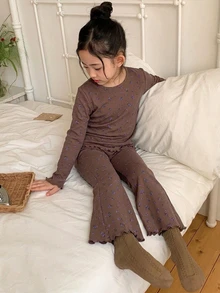 Dazy Kids 少女提花上衣與喇叭褲家居服套裝 秋季 - 棕色 - 查看 5