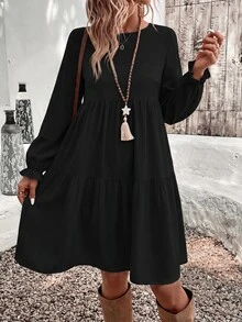 SHEIN VCAY 休閒簡約百搭秋冬純黑色寬鬆圓領大尺碼洋裝，適合日常通勤穿著 - 黑色 - 查看 5