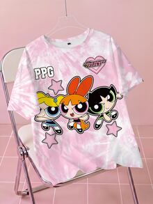 THE POWERPUFF GIRLS X SHEIN Plus Size Women's Letter & Cartoon Print Round Neck Short Sleeve Casual T-Shirt - White - View 1