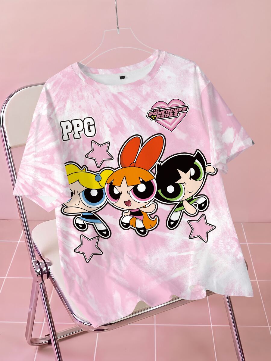 THE POWERPUFF GIRLS X SHEIN Plus Size Women's Letter & Cartoon Print Round Neck Short Sleeve Casual T-Shirt - White - View 1