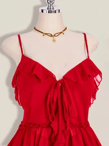 SHEIN ICON 大尺碼女款荷葉邊雪紡純色綁帶細肩帶背心 - 紅色 - 查看 10