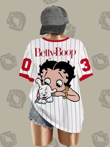 Betty Boop x SHEIN Plus Size Women's Letter Stripe Round Neck Short Sleeve Casual T-Shirt - White - View 3