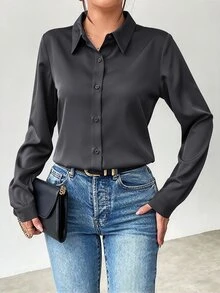 Structelle 純色鈕扣前襟長袖襯衫，女款秋季長袖上衣 - 深灰色 - 查看 6