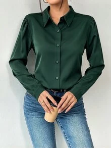 Structelle 女款純色前開鈕扣長袖襯衫，秋季長袖上衣 - 墨綠色 - 查看 4