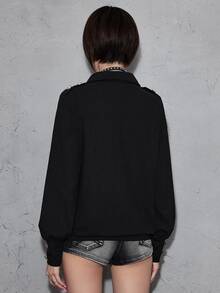 ROMWE Grunge Punk Áo thun nữ tay dài dáng rộng phong cách Punk Vintage với thiết kế cầu vai và khóa kim loại kiểu cung đình - màu đen - Xem 3