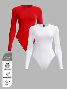 SHEIN BASICS 女款純色針織圓領長袖連身衣 黑白色 夏季基礎款 辦公居家日常度假夜店休閒極簡風 - 彩色 - 查看 10