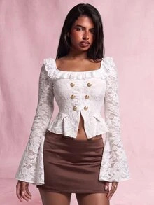 Nooralise Vintage Y2K Sporty Court Style Square Neck Ruffle Lace Fabric Metal Button Slim Fit Mermaid Hem T-Shirt - White - View 1