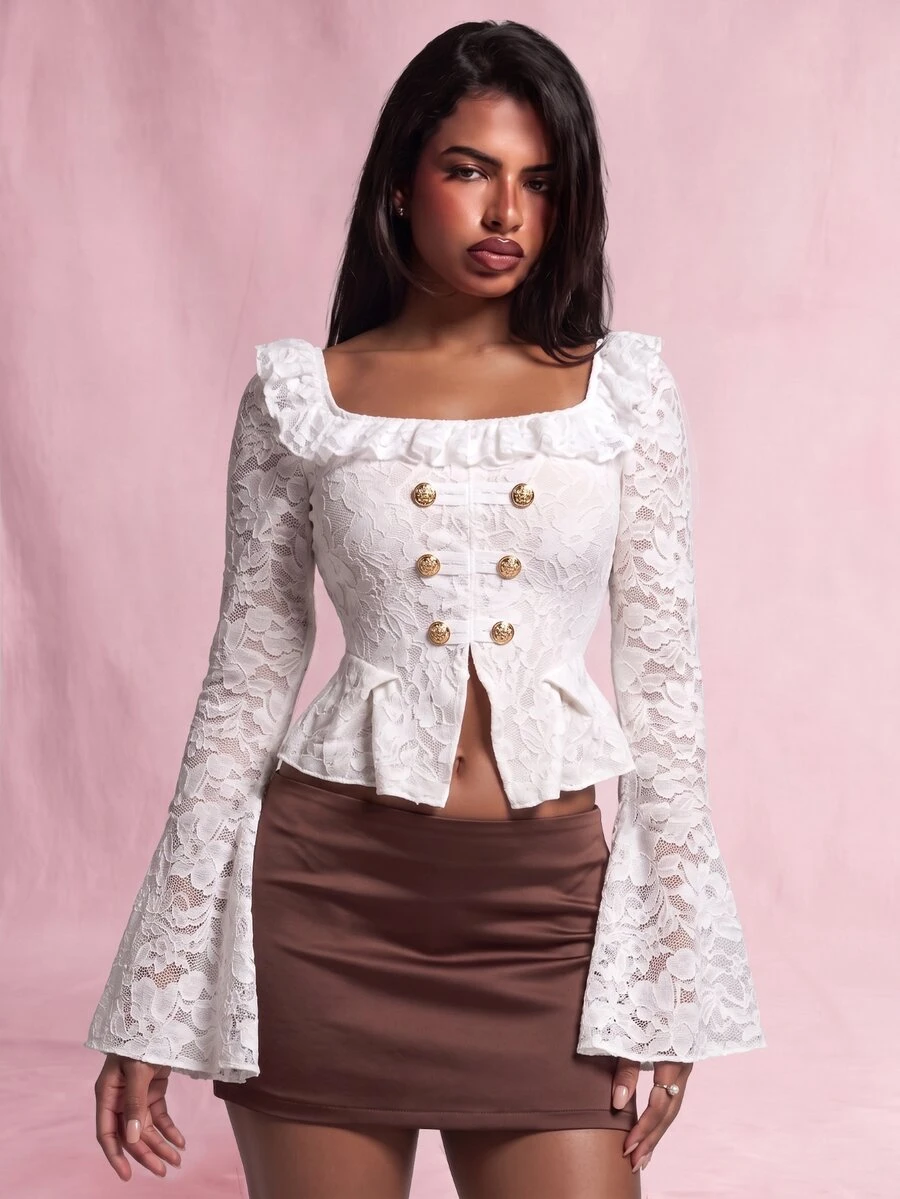 Nooralise Vintage Y2K Sporty Court Style Square Neck Ruffle Lace Fabric Metal Button Slim Fit Mermaid Hem T-Shirt - White - View 1
