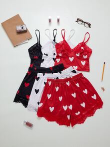 ZzzCrew Heart Print Lace Camisole & Shorts 2 Pieces Pajama Set, Sweet Sexy Cropped Waist Loungewear, 6-Piece Set - Black - View 4