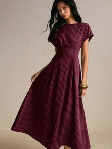 Poéselle 女款條紋船領蝙蝠袖短袖洋裝 休閒優雅 職場商務辦公穿搭 返校季 正式夏季 教師節 - 酒紅色 - 查看 6