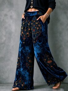 Linhara Women's Plus Size Bohemian Print Velvet Wide Leg Pants Fall - Royal Blue - View 4