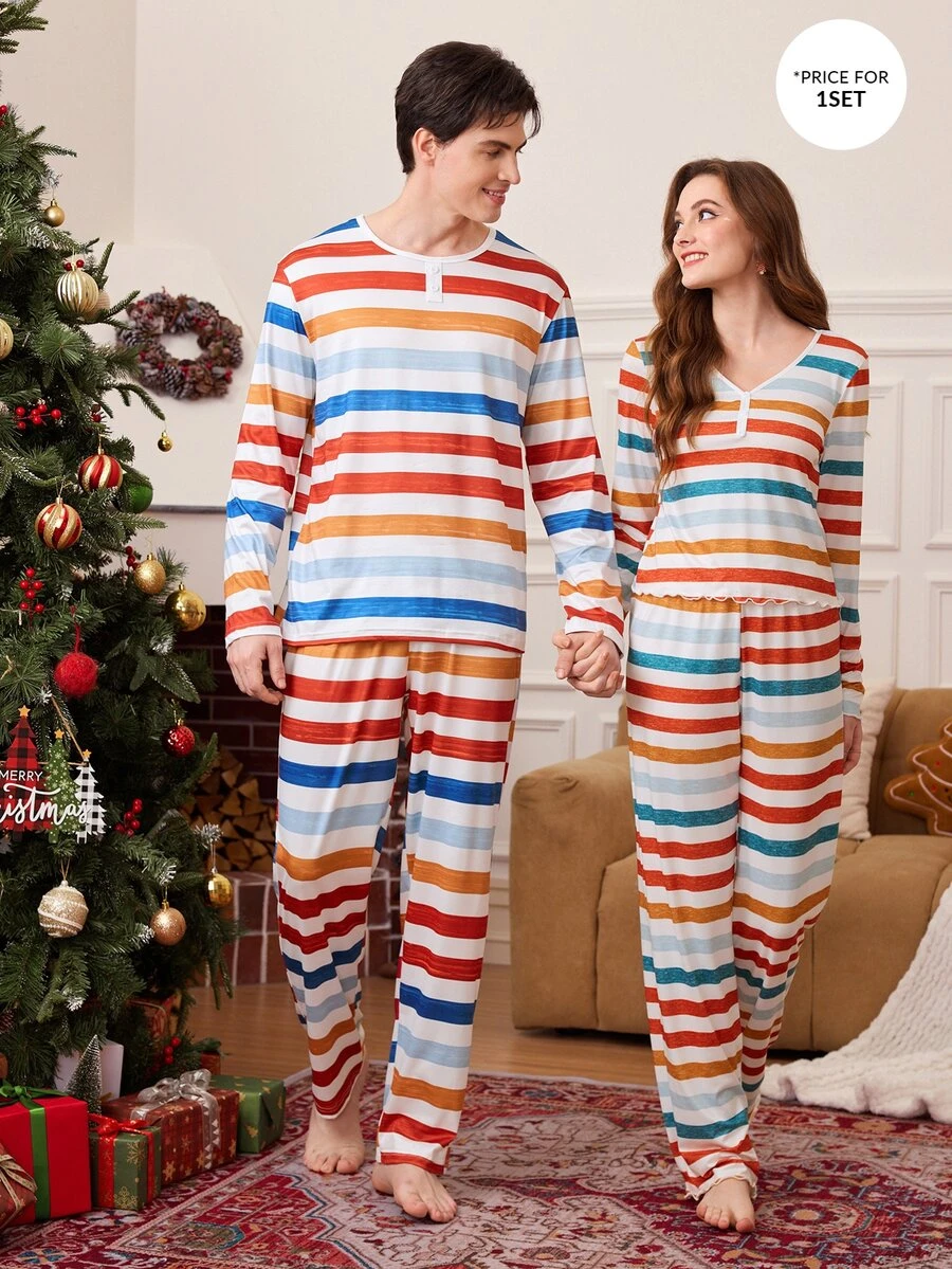 CoupledUp Men's Striped Long Sleeve Top And Pants Casual Daily Loungewear Set - Multicolor - View 1