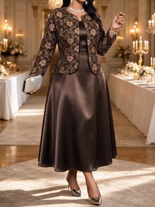 Fleurora Plus Size Women's Jacquard Open Front Jacket And Dress Elegant 2 Pieces Set Christmas - Coffee Brown - View 3