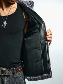 ROMWE MEN Jaket Pria Lengan Panjang dengan Resleting, Kasual, dan Berkerudung Bulu - Putih - View 10