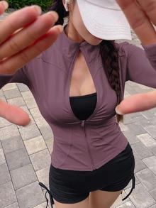 DAZY 女款純色彈性小立領修身長袖夾克，運動休閒，春秋款 - 粉色 - 查看 5