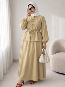 Solavon Plus Size Elegant Frog Button Long Sleeve Top And Long Skirt 2 Pieces Set - Khaki - View 4