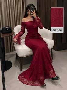 Modelyn Women's Elegant Burgundy Lace Cold Shoulder Ruffle Sleeve Dress, Slim Fit Bodycon Mermaid Dress, Ruched Waist, Side Ruffle Trim, Suitable For Wedding Guest, Party, Evening Event, Concert - Burgundy - View 6