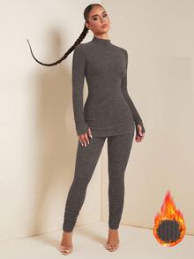 SHEIN SXY 秋季女款 2 件式純色立領長袖上衣與長褲保暖抓絨套裝 運動休閒裝 深灰色 日常休閒 - 灰色 - 查看 1