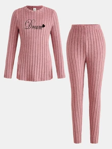 Tween Girl Tween Girl Casual Drop Shoulder Dream Ribbed Letter Embroidery Knit Pullover And Leggings, Pink Set, Autumn Winter Christmas - Pink - View 7