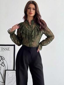 Firerie 女款優雅浪漫宮廷復古立領荷葉邊提花紋理鈕扣喇叭袖棕色系襯衫，適合秋季商務與外出穿搭 - 軍綠色 - 查看 5