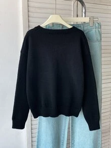 SHEIN 青少年女孩旗幟圖案休閒日常長袖針織衫 - 黑色 - 查看 3