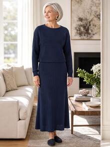 Breezaya Women's Solid Color Long Sleeve Top And Skirt Casual Set - Navy Blue - View 1