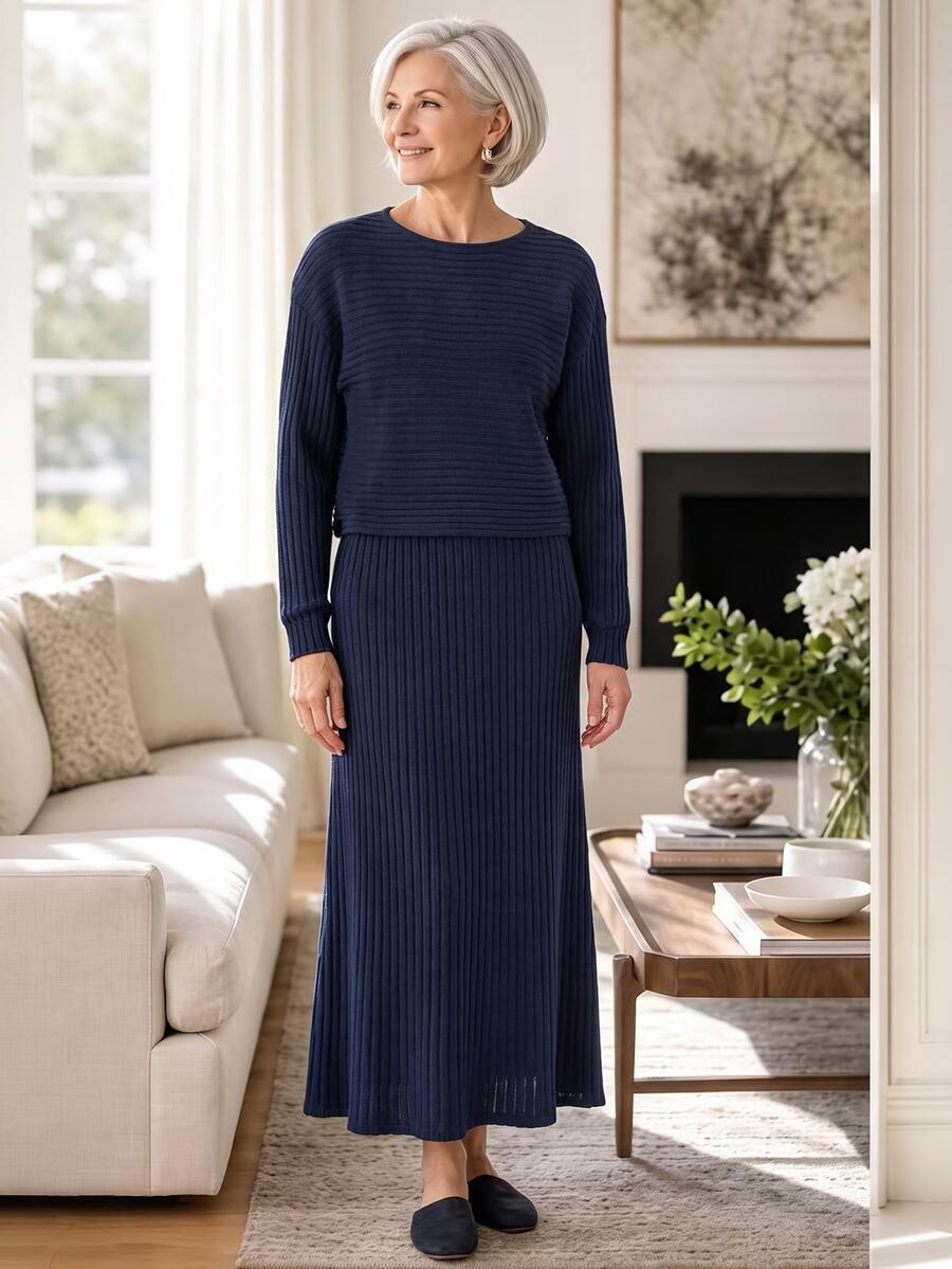 Breezaya Women's Solid Color Long Sleeve Top And Skirt Casual Set - Navy Blue - View 1