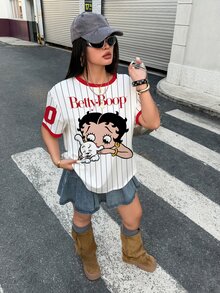 Betty Boop x SHEIN Plus Size Women's Letter Stripe Round Neck Short Sleeve Casual T-Shirt - White - View 10