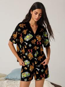 SCOOBY-DOO X SHEIN Women's V-Neck Short Sleeve Single-Breasted Top And Shorts Pajama Set - Black - View 4