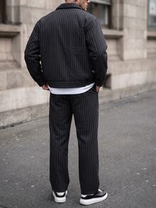 Manfinity CasualCool Men's Striped Zipper Placket Jacket And Pants Casual Set - Black - View 2