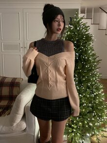 DAZY Women's Elegant Faux Two-Piece Korean Style Long Sleeve Autumn/Winter Sweater - Apricot - View 4