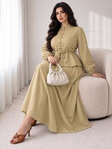 Solavon Plus Size Elegant Frog Button Long Sleeve Top And Long Skirt 2 Pieces Set - Khaki - View 1